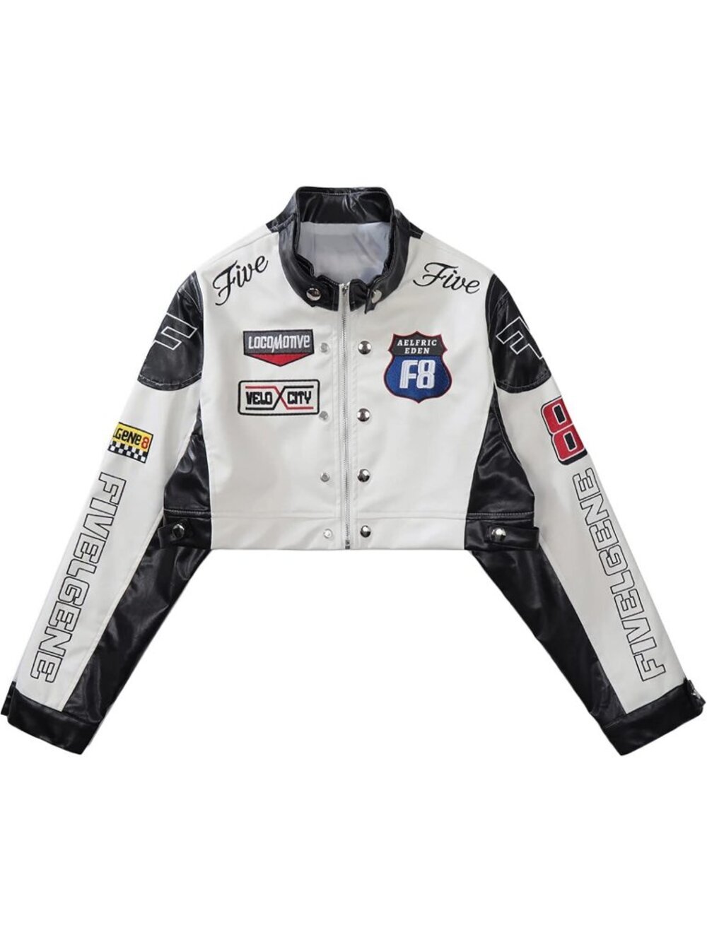 Women's Black Polyester Blend Crop Biker Racing Trendy Fashion Leather Jacket